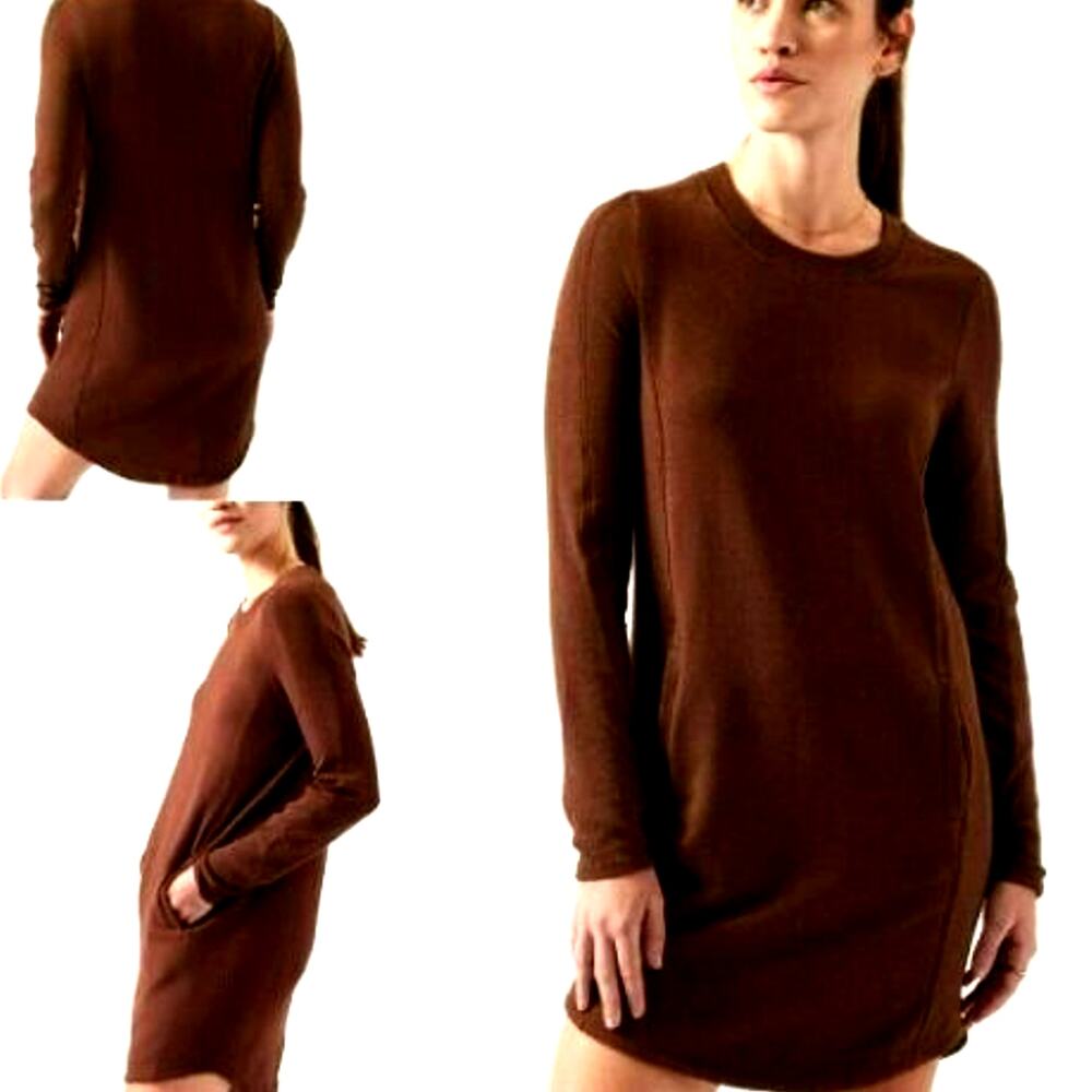 ATHLETA Women Small Brown Stretch Sweater Balance Mini Dress Pockets Long Sleeve